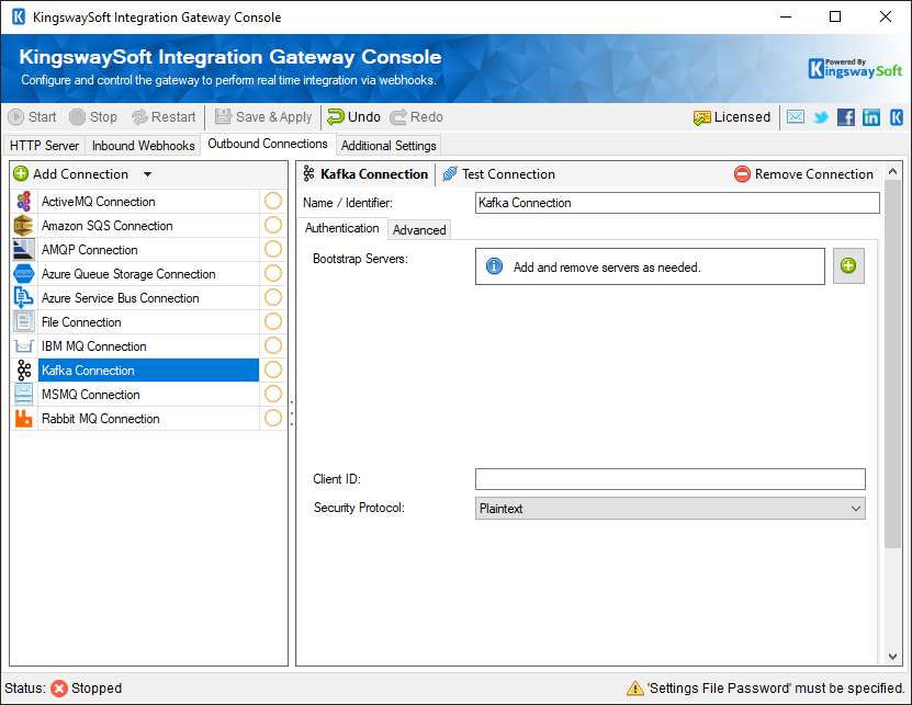 KingswaySoft Integration Gateway Console - Outbound Connection - Kafka.png
